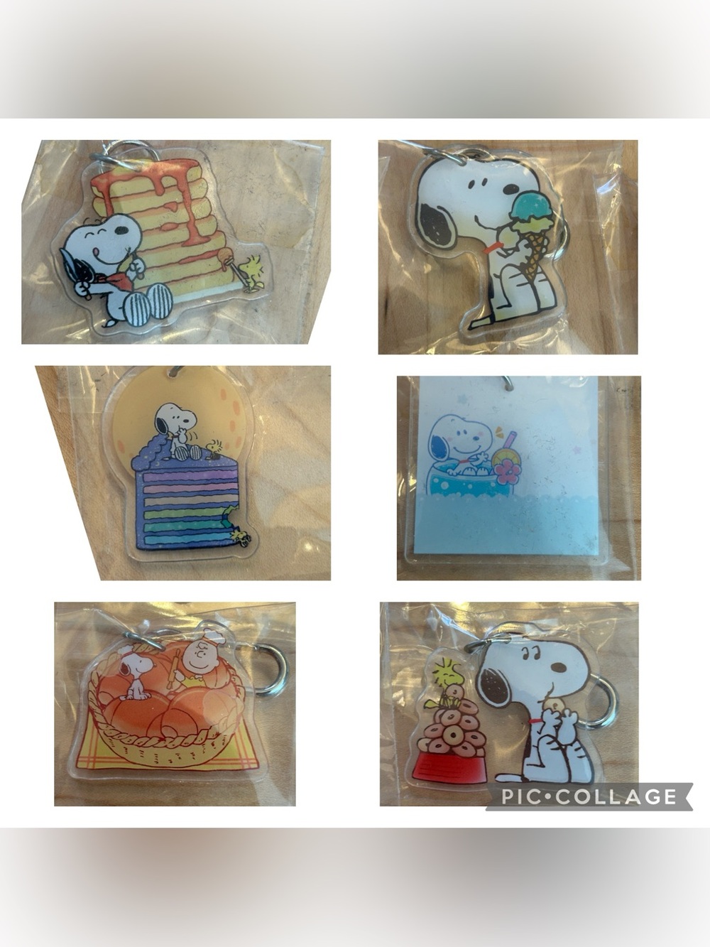 NIP New Snoopy food snacks treats 6 pc lot acrylic resin keychains bag charms